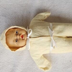 BABY DOLL Tiny Vintage Precious in Just Washed Cream Colored 2 Outfits 9.5" Tall